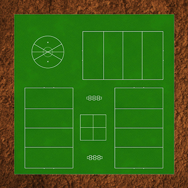 Small green 2D rendering of a 10,000 sq ft. Kickabout surface featuring three white striped mini-soccer fields, two hopscotch, a four square, and a tetherball area.