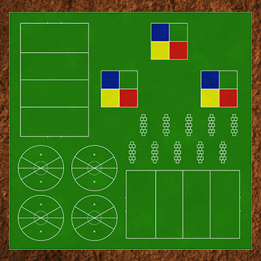 Small green 2D rendering of a 12,000 sq ft. Kickabout featuring four white striped tetherball areas, three scattered multi-colored four square areas, ten hopscotch areas, and two mini-soccer fields.