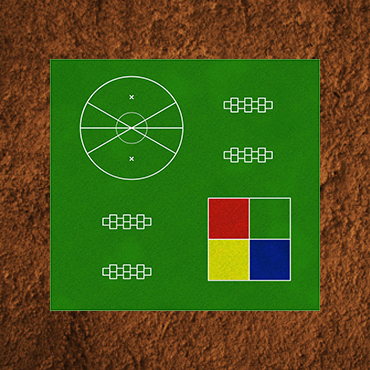 Small green 2D rendering of a 2,500 sq ft. Kickabout surface featuring a white striping for a tetherball area, four hopscotch areas, and a multi-colored four square area.