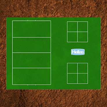 Small green 2D rendering of a 4,000 sq ft. Kickabout surface featuring white mini-soccer pitch lines, two four square areas, and a blue Hellas logo between them.