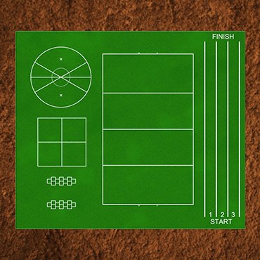 Small green 2D rendering of a 5,000 sq ft. Kickabout surface featuring white striped running lanes, a mini-soccer pitch, two hopscotch, a four square, and a tetherball area.