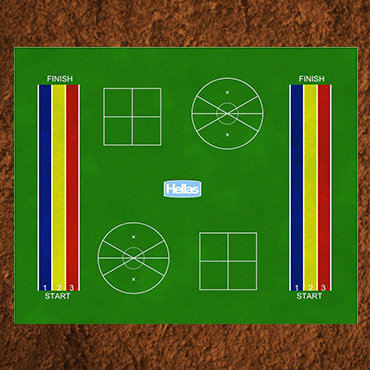 Small green 2D rendering of a 7,500 sq ft. Kickabout surface featuring a pair of multi-colored running lane areas, two tetherball and two four square areas, and a blue Hellas logo in the middle.