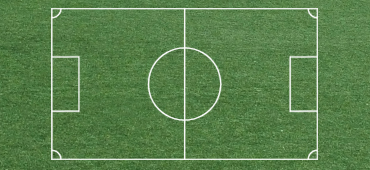 Small green 2D rendering of a white striped mini-soccer field, including center circle, outside, and goal lines.