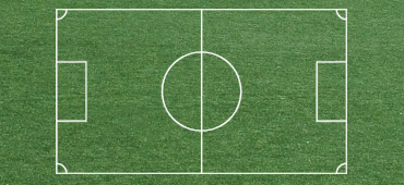 Small green 2D rendering of a white striped mini-soccer field, including center circle, outside, and goal lines.